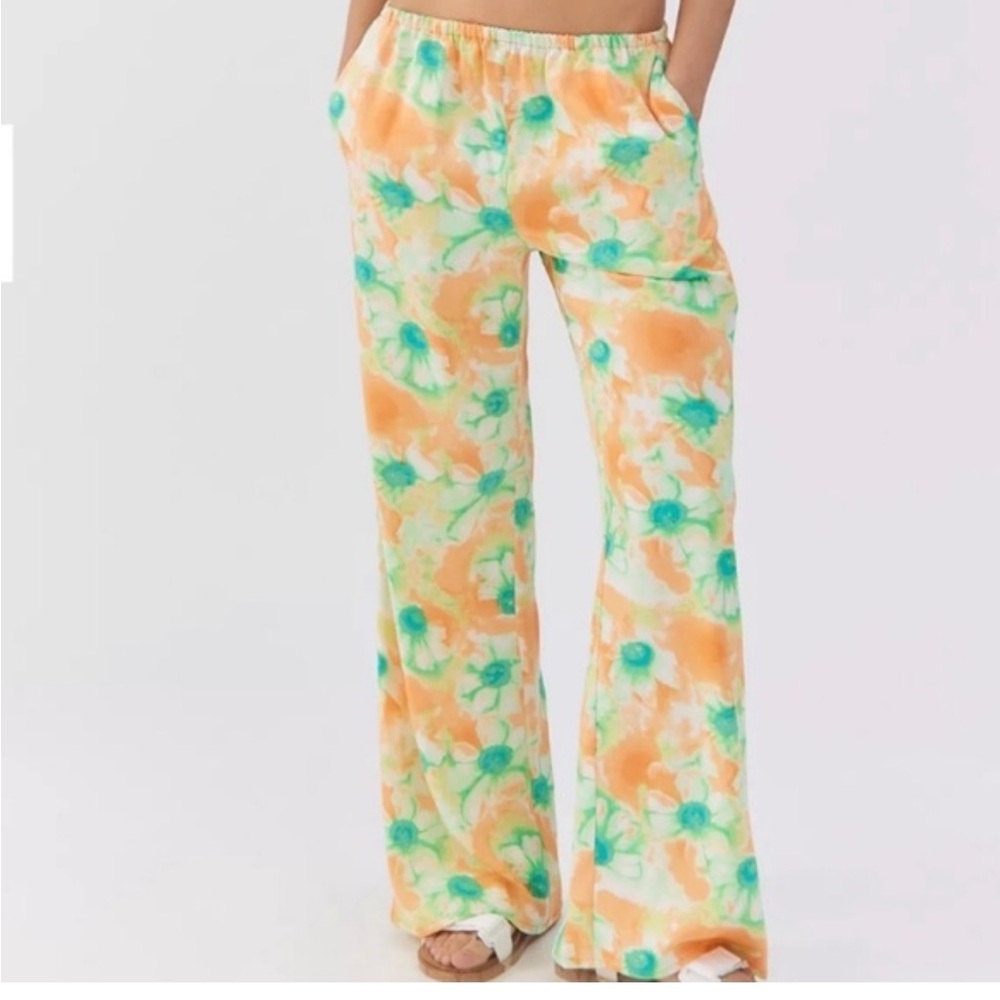 Urban Outfitters dopamine Jenna floral satin wide leg pull-on pants orange green